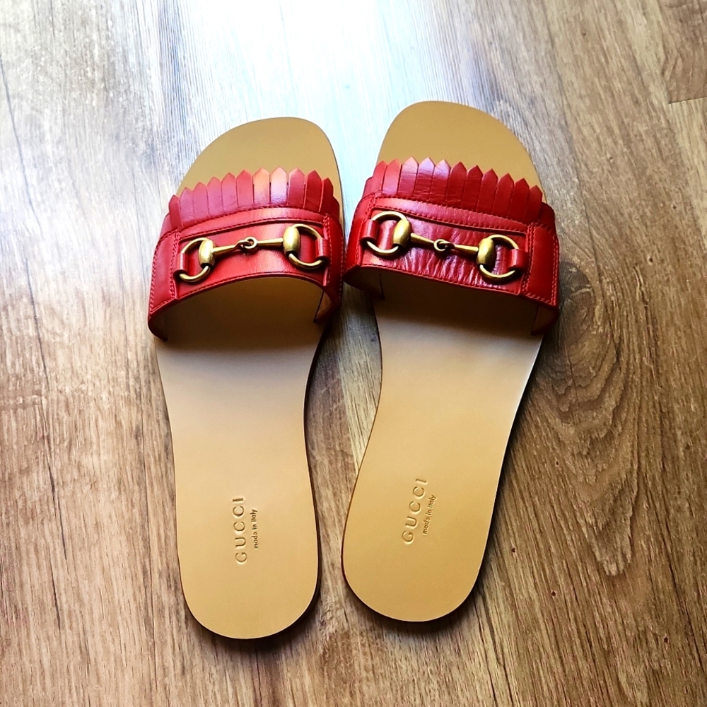 NEW Gucci Varadero Horsebit Fringed red leather sandals/slides size 39